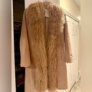 Vintage Light Brown Suede Penny Lane Coat with Mongolian Fur Collar.
